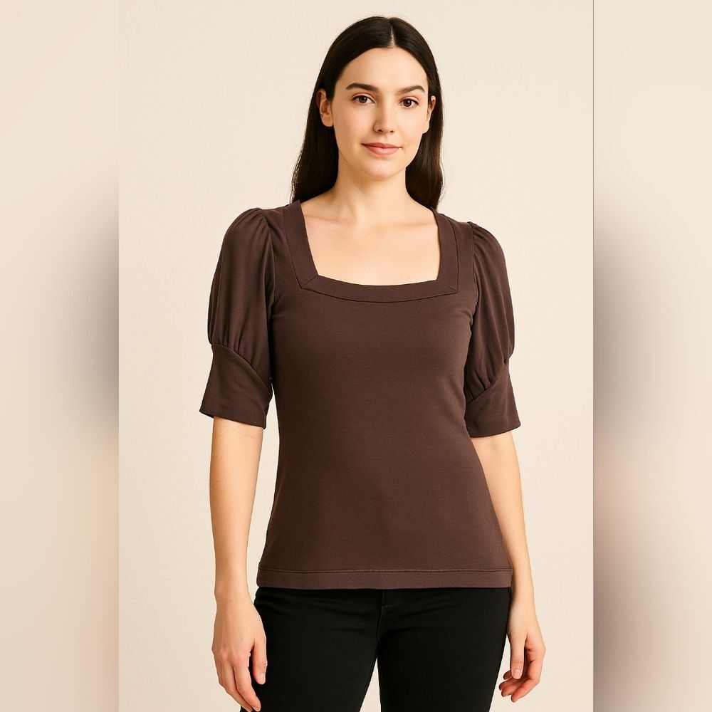Deletta Anthropologie Brown Square Neck Top XS Puff Sleeve Stretchy Fitted Tee